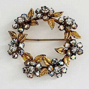 Vintage Floral Wreath Brooch Pin Rhinestone Flowers Gold Tone Leaves